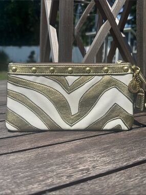 Coach Metallic Zebra Stripe Gold & Ivory Wristlet